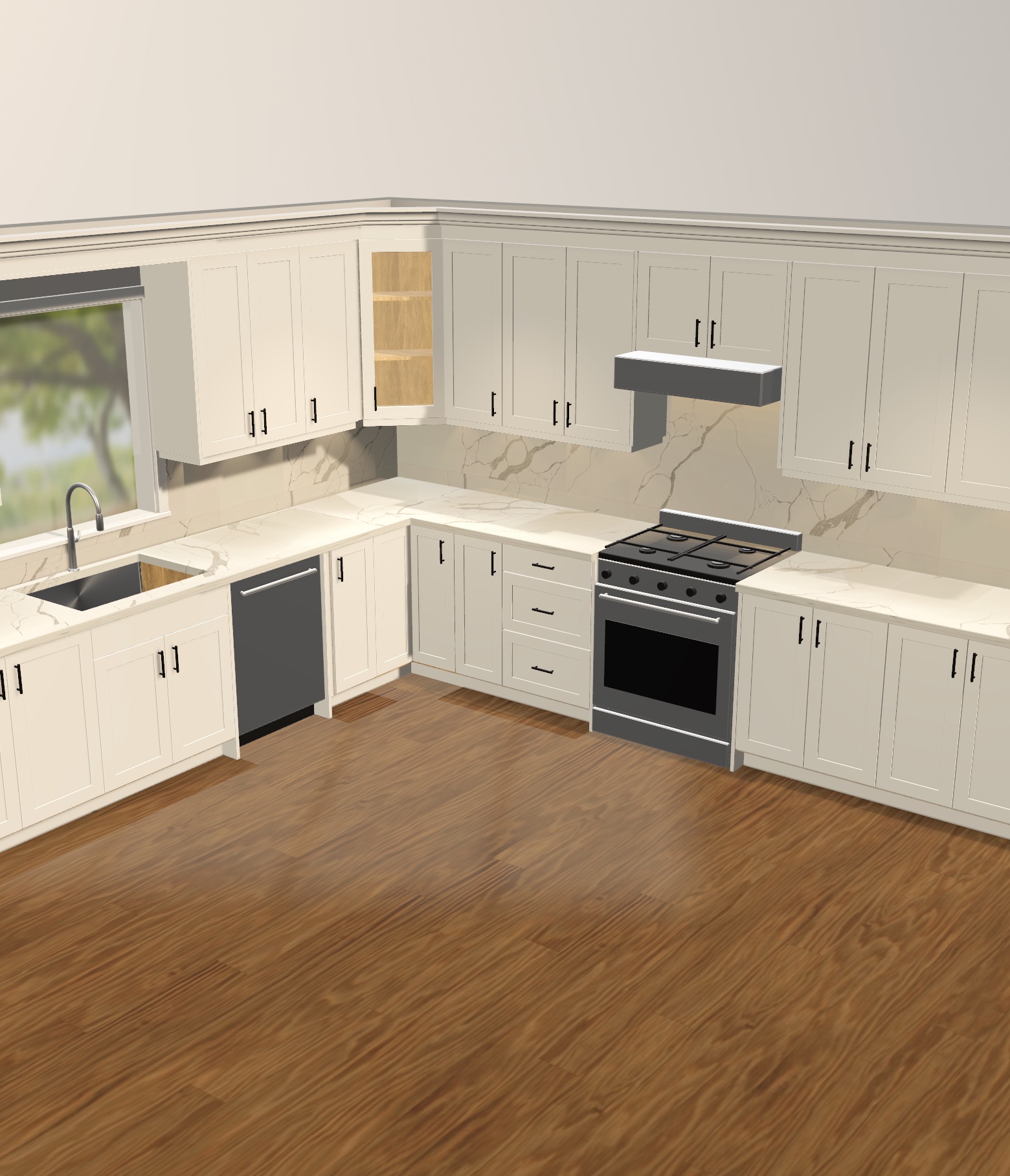 L-Shape Kitchen with White Shaker Cabinets, 15' × 15' Walls