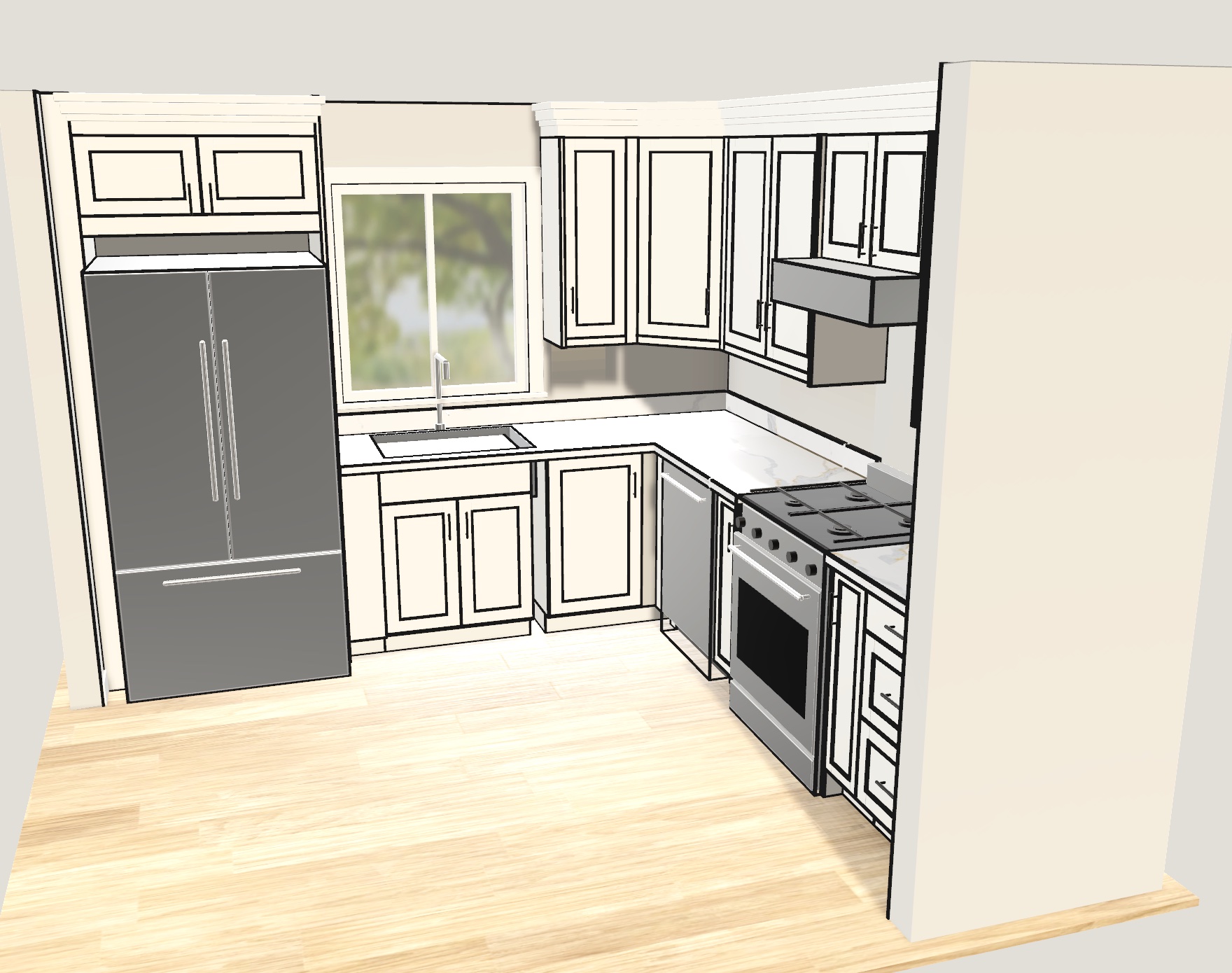 L-Shape Kitchen with White Shaker Cabinets, 10'2" × 10'2" Walls